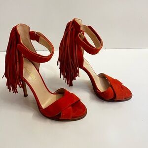 Nine West Orange Hustle Fringe Heels Boho Western Fall Shoes 5.5